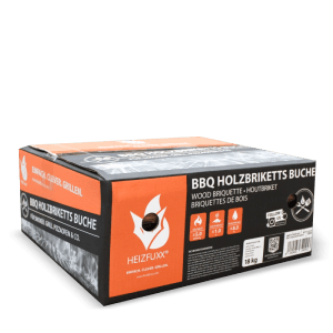 Heizfuxx BBQ Buchenholzbriketts 18kg in orange-schwarzer Box. Hochwertige Brennstoffe für Grill & Ofen.