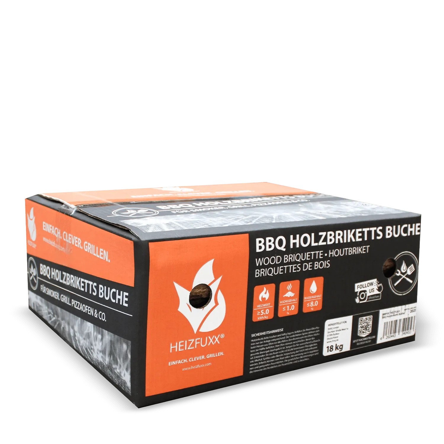 Heizfuxx BBQ Buchenholzbriketts 18kg in orange-schwarzer Box. Hochwertige Brennstoffe für Grill & Ofen.