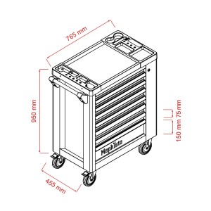 Skizze: Mephisto Werkzeugwagen Premium mit 8 Schubladen und Maßen. Werkstattwagen für Profis.