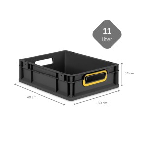 PROREGAL Eurobox Nextgen, 11 Liter, schwarz mit gelben Griffen. Aufbewahrungsbox, Transportbox.