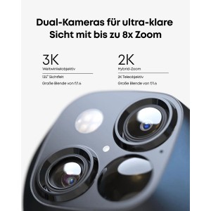 Detailaufnahme der Dual-Kamera der Eufy S340 Überwachungskamera mit 8x Zoom.