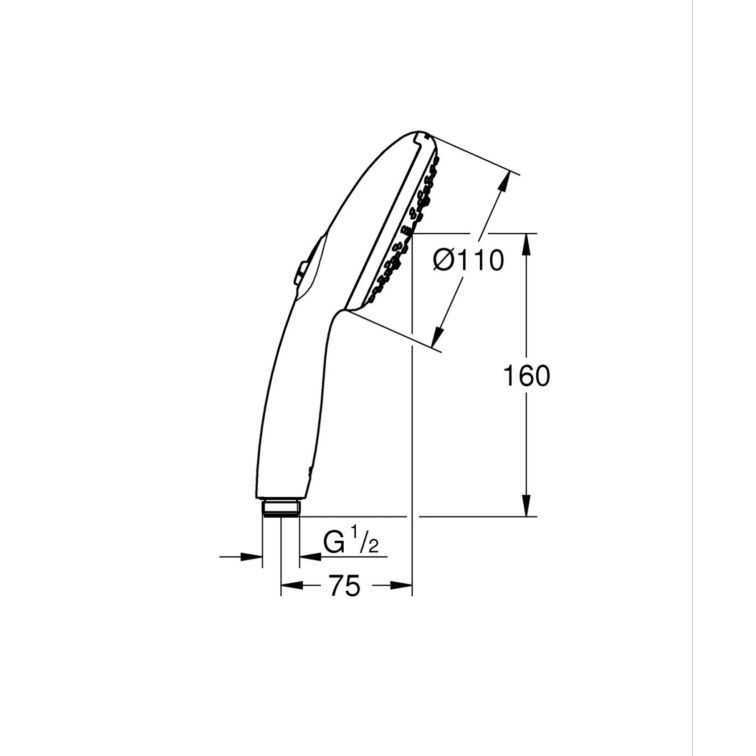 Technische Zeichnung der Grohe Vitalio Start 110 Handbrause mit Maßen, Chrom, 3 Strahlarten.