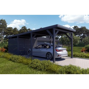 Holzbrüder Carport Ralf mit Geräteraum, anthrazitgrau, mit Auto. Einzelcarport mit Flachdach.