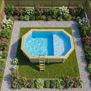 ALTANKA Holzpool Nemo 5,79x3,49 Höhe 1,45 m HELLBLAU mit Liegefläche mit Einzubetonierendem Profil BAS7304OSPI+PLA304