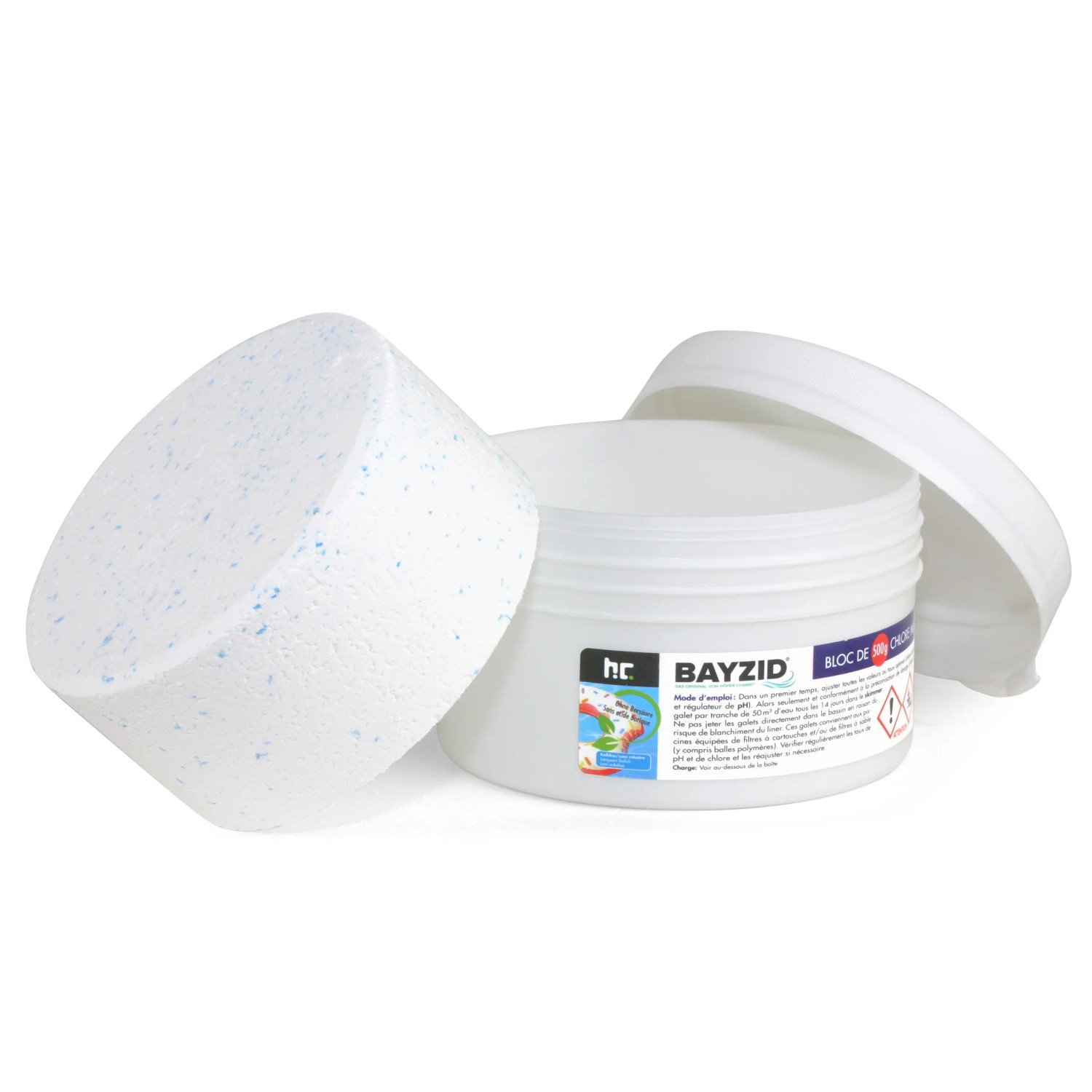 Bayzid Multiblock 5in1 für Pools, 4 x 500g, mit Dose und geöffnetem Deckel.