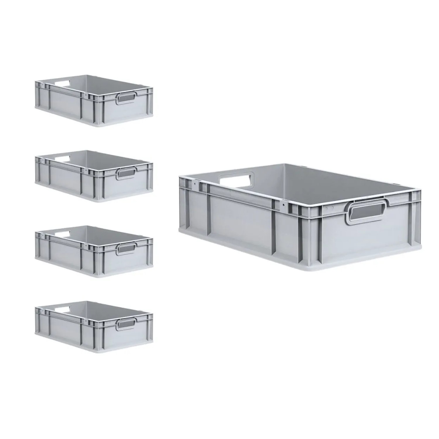 Set aus 5 grauen Euroboxen mit Scharnierdeckel, ideal zur Aufbewahrung und Lagerung.