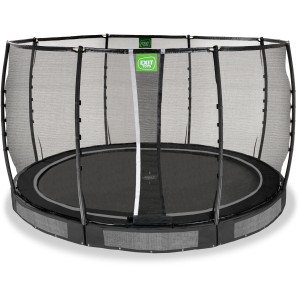 Schwarzes EXIT Allure Premium Bodentrampolin Ø 366 cm mit Sicherheitsnetz.