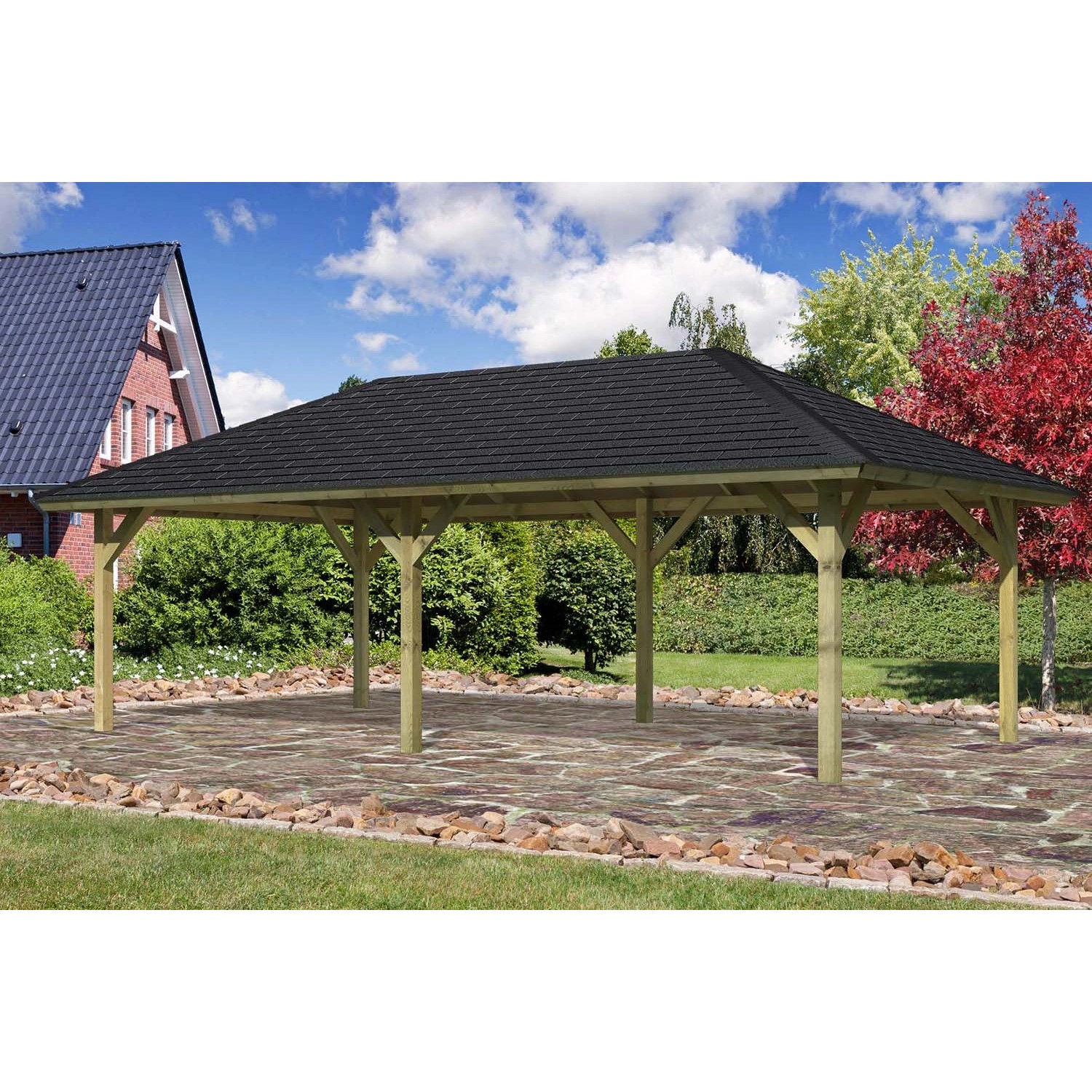 Karibu Pavillon Hedemark 2 Set kdi mit Schindeln Schwarz 359 cm x 706 cm x315 cm