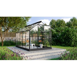 Schwarzes Vitavia Gewächshaus Triton 6200 mit Fundament im Garten, 6,2 m² Fläche.