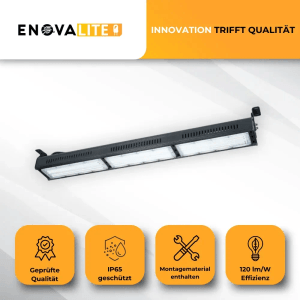 Linearer LED Hallenstrahler von ENOVALITE, 150W, neutralweißes Licht, zur Decken- oder Wandmontage.