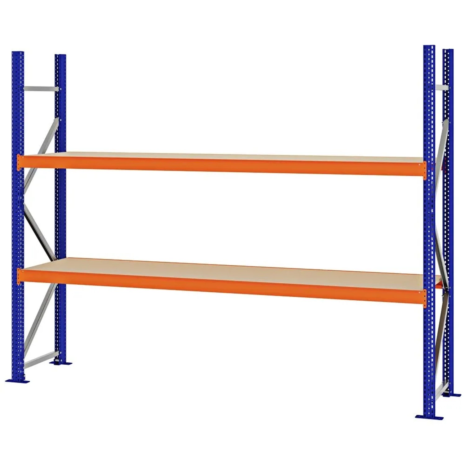 PROREGAL Weitspannregal Schraub-Stecksystem MAGNUS PRO Made In Germany Grundregal 200x250x50cm 2 Ebenen Spanplattenböden Fachlast 430kg Blau/Orange
