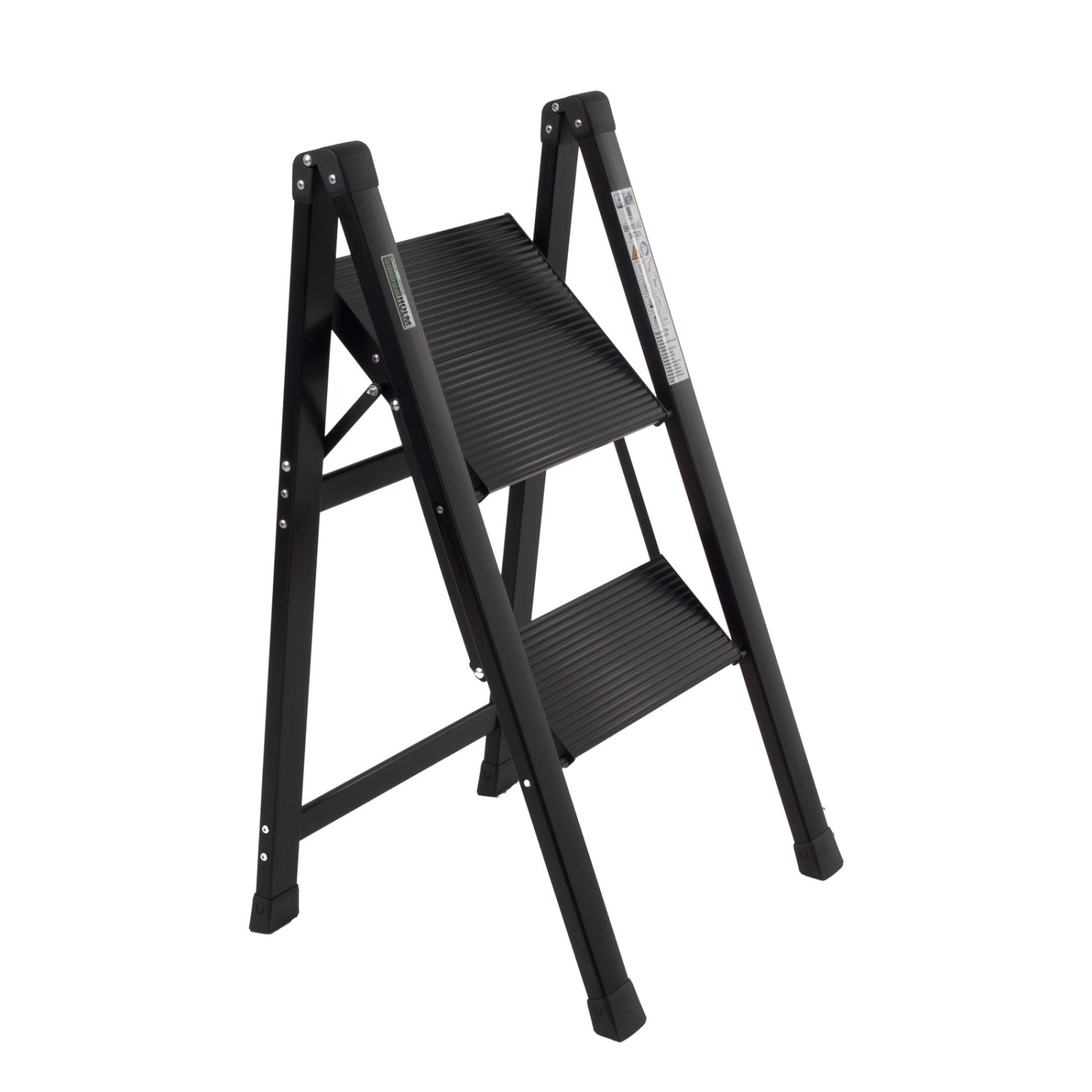 Schwarze, klappbare 2-Stufen Trittleiter aus Aluminium von TRUTZHOLM, ideal für den Haushalt.