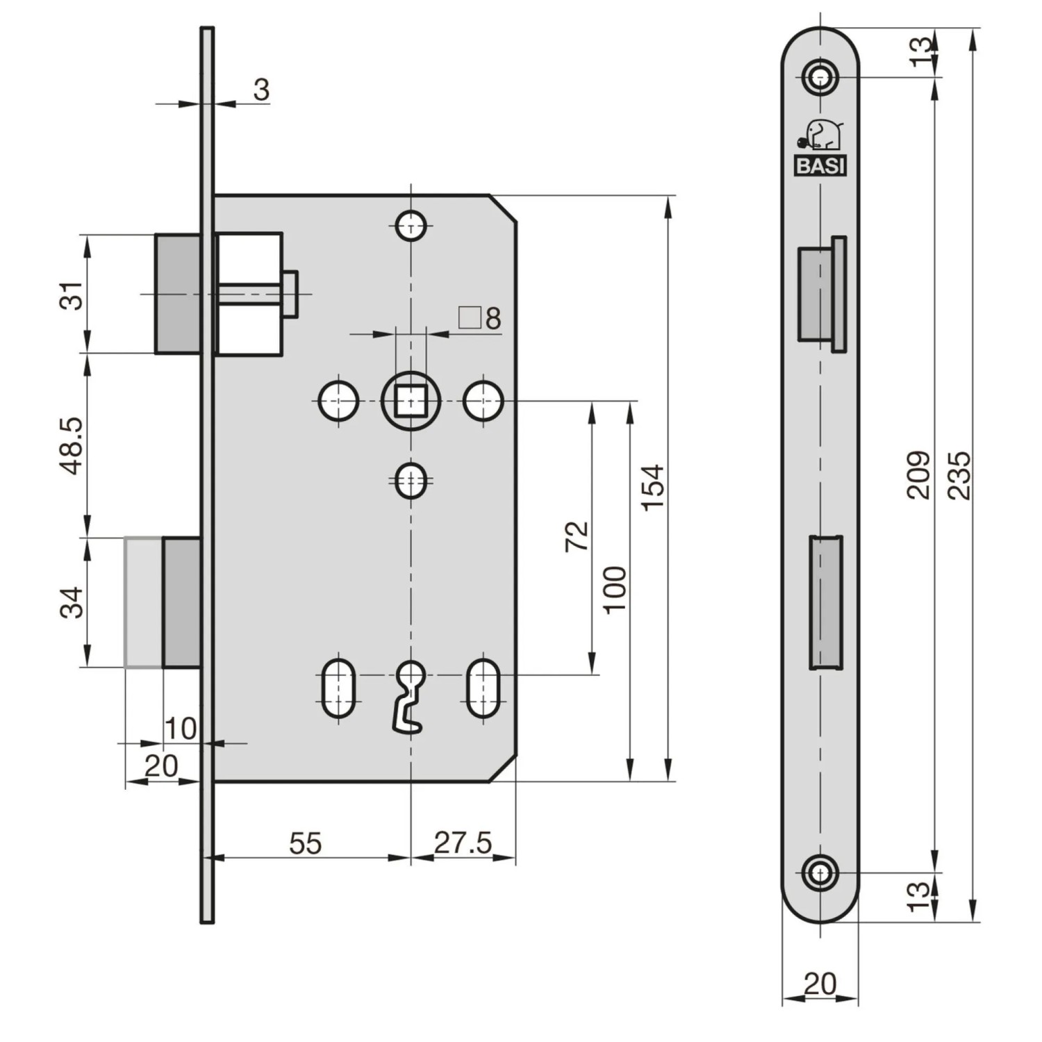Technische Zeichnung: BASI Zimmertürschloss ES 927 BB DIN Rechts, Maße und Details für Montage.