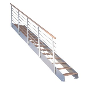 Treppe Kos, 14 Stufen, Buche natur, Design-Geländer grau, Metallwangentreppe.