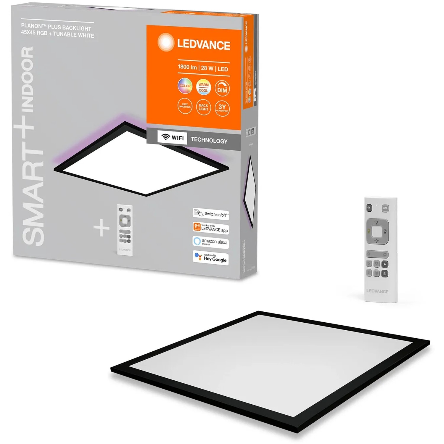 Ledvance LED-Deckenleuchte Planon Plus, schwarz, 45x45 cm, mit Fernbedienung und Verpackung.