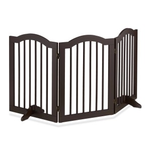 Verstellbares, braunes Absperrgitter aus Bambus und MDF für Hunde, ca. 70x154x30 cm.