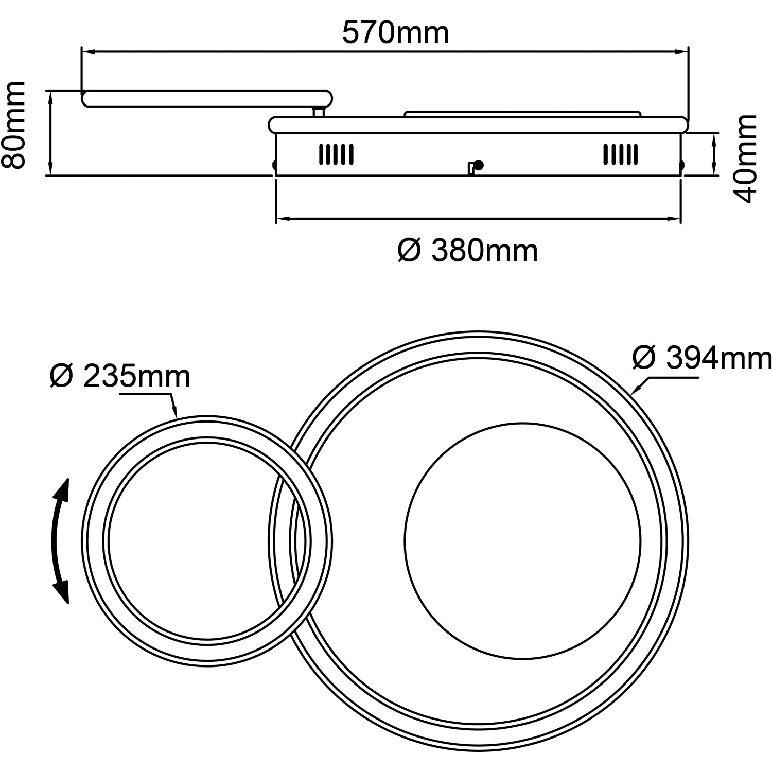 Technische Zeichnung der LED-Deckenleuchte Karney, Maße und Details zur Montage.