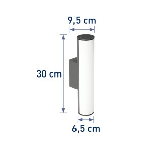 Dunkelgraue OBI LIGHTING LED-Außenwandleuchte Luino mit Maßangaben.