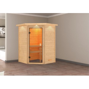 Woodfeeling Sauna-Set Franka mit bronzierter Glastür und naturbelassenem Holz Kranz.