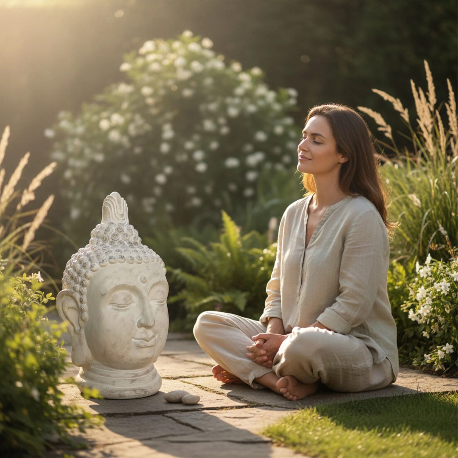 Relaxdays Buddha Kopf XXL Polyresin Beigegrau Wetterfest 78 cm x 45 cm x 39 cm_3