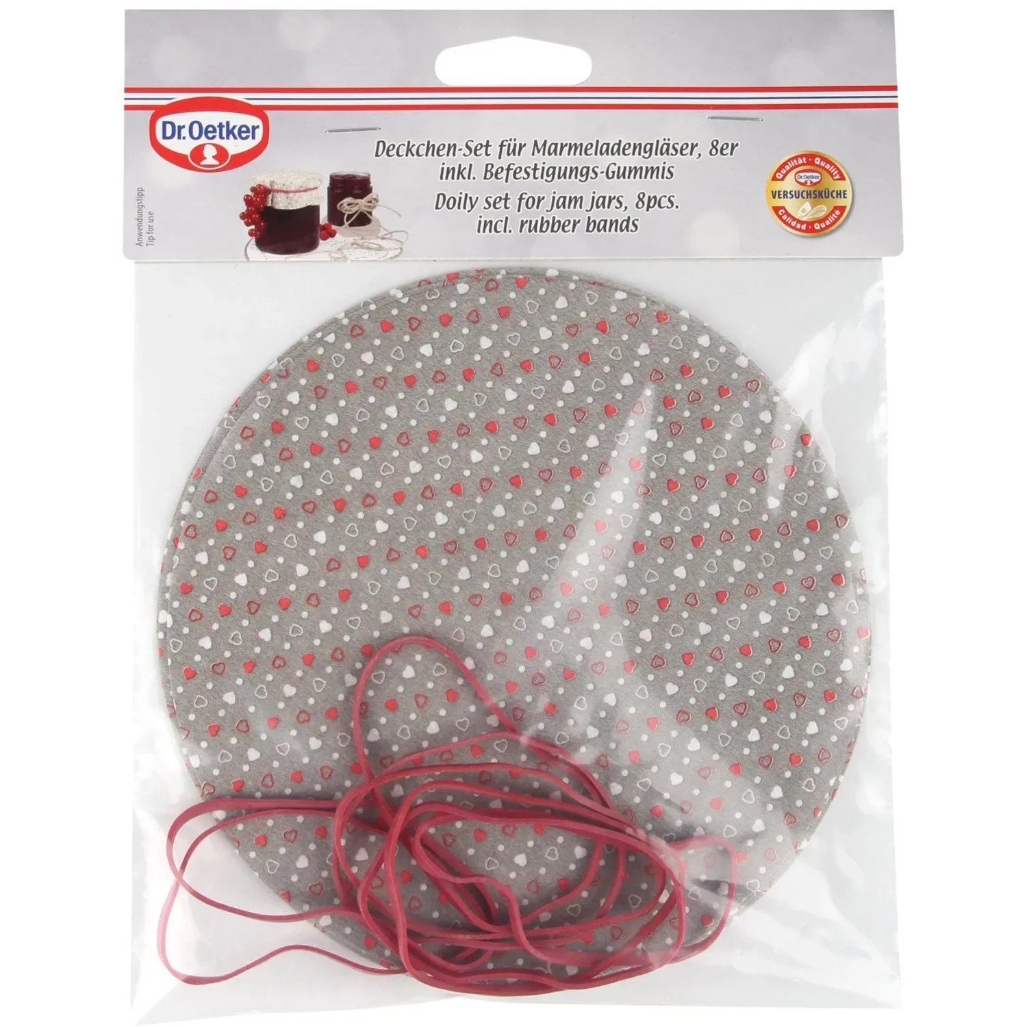 Dr. Oetker Deckchen-Set für Marmeladengläser mit Herzmuster, inkl. Gummis.