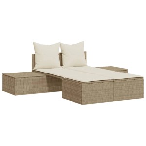 Beige Doppel-Sonnenliege aus Poly Rattan mit Auflagen für Garten oder Terrasse.