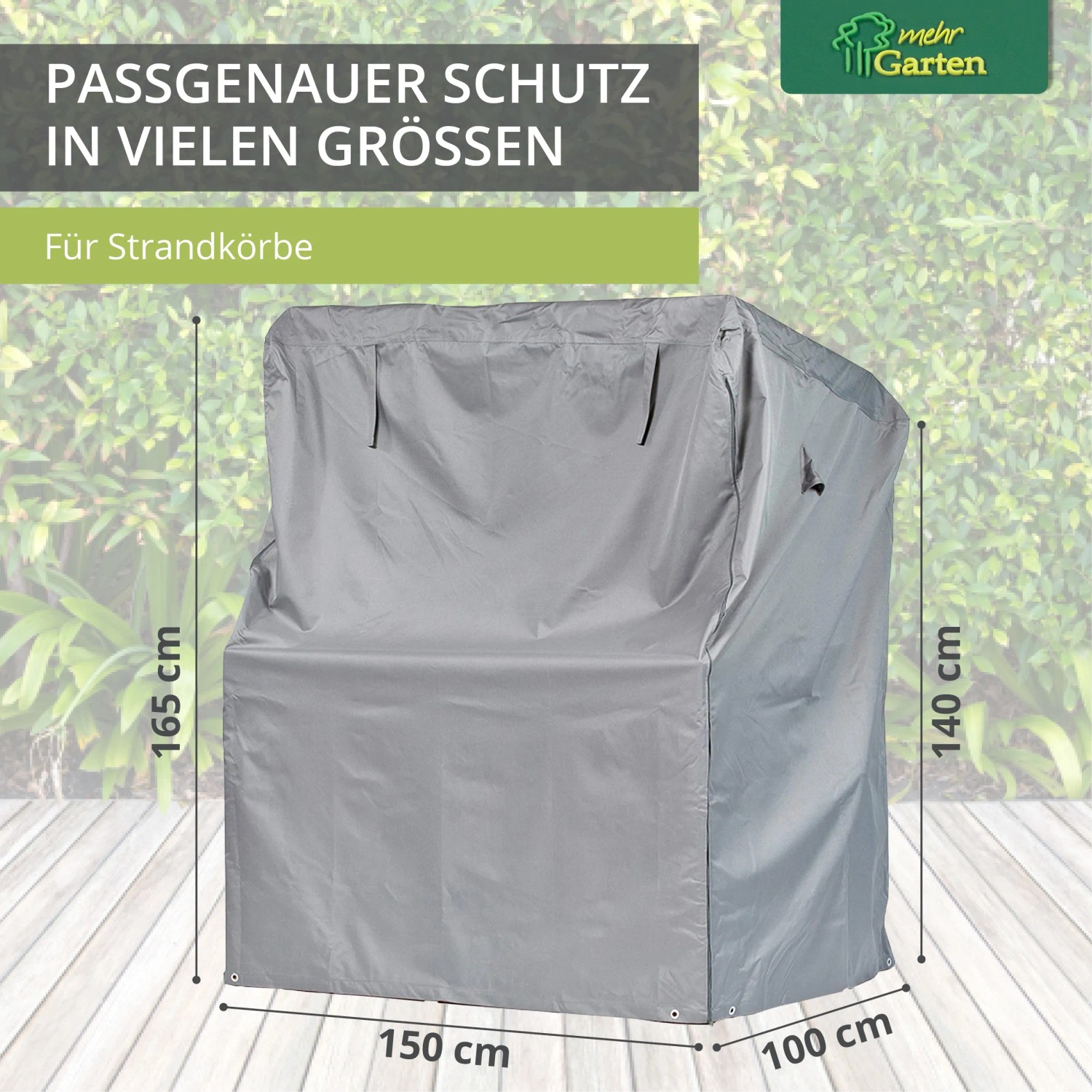 Graue Strandkorbhülle von Mehr Garten, wasserdicht und reißfest, 137x100x165/140 cm.