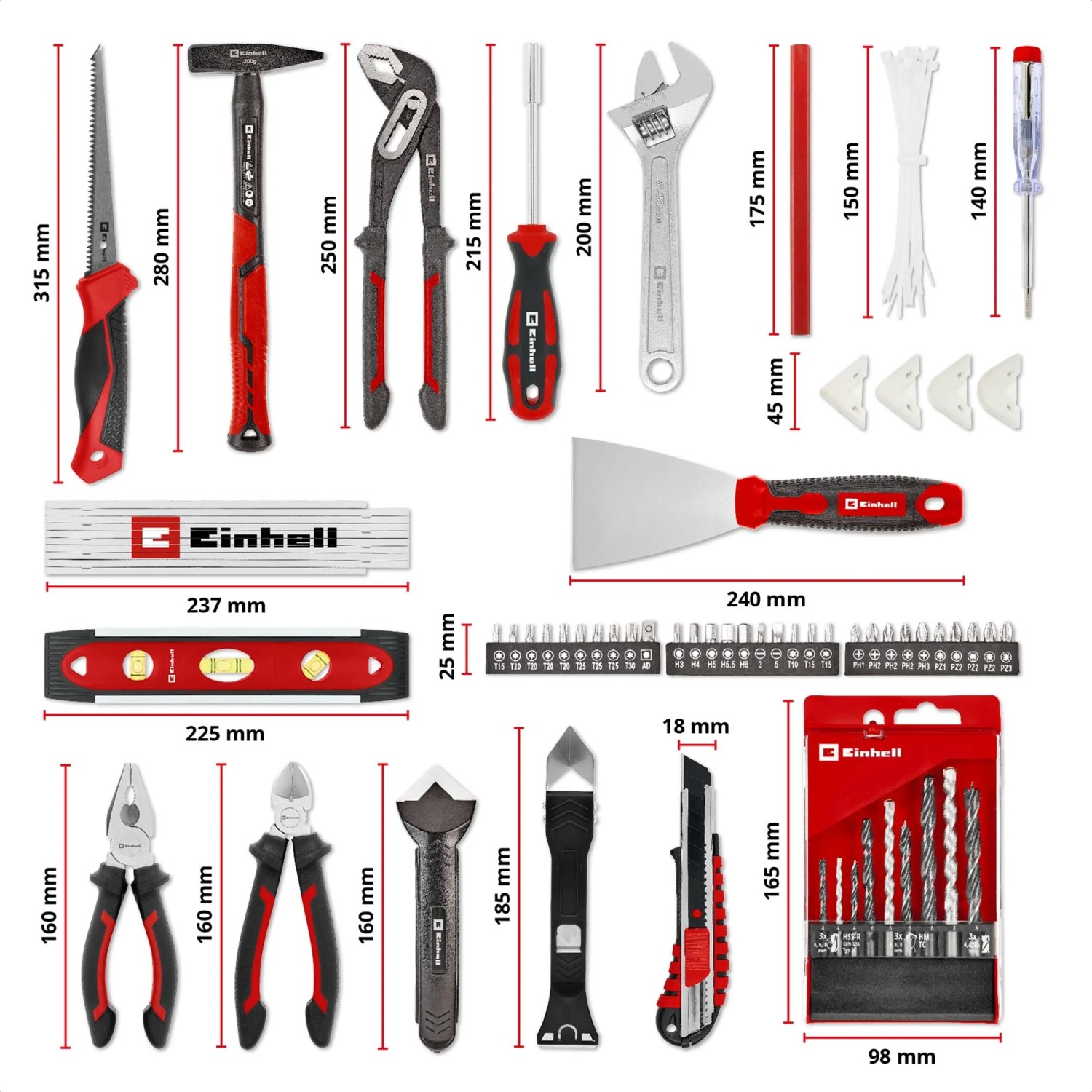 Einhell Werkzeugkoffer Renovierung E-Case, 78-teilig: Werkzeug-Set mit Hammer, Zangen, Schraubendreher, Bits, Bohrer u.v.m.