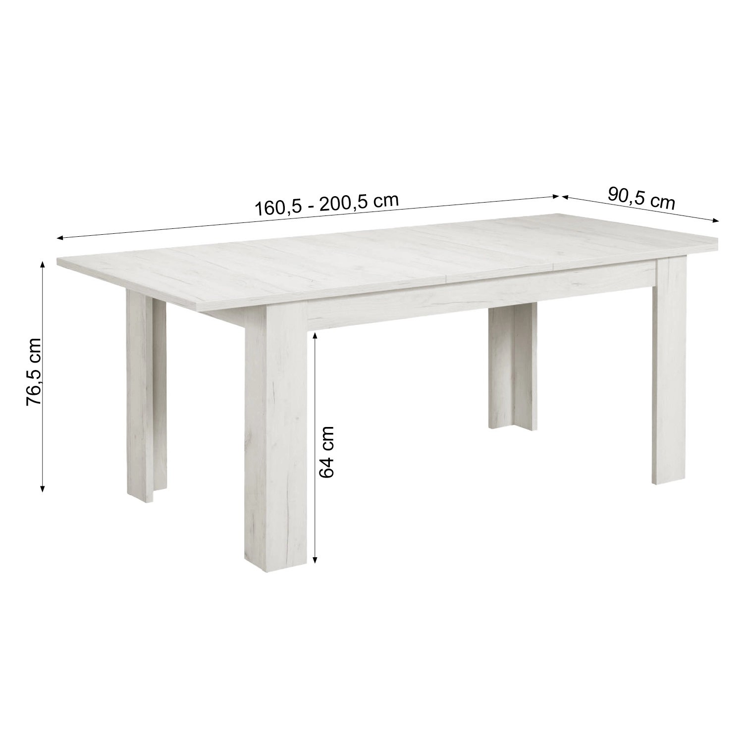 Homestyle4u Essgruppe: Ausziehbarer Esstisch in Weiß mit Maßangaben.