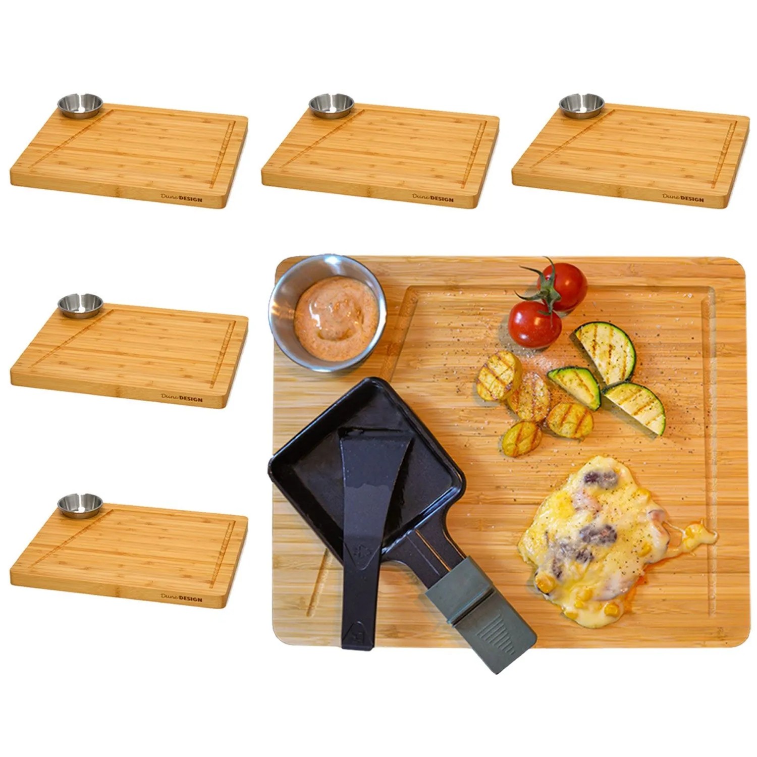 DuneDesign Raclette Teller Set mit Dipschale für 6 Personen 30 x 25 cm