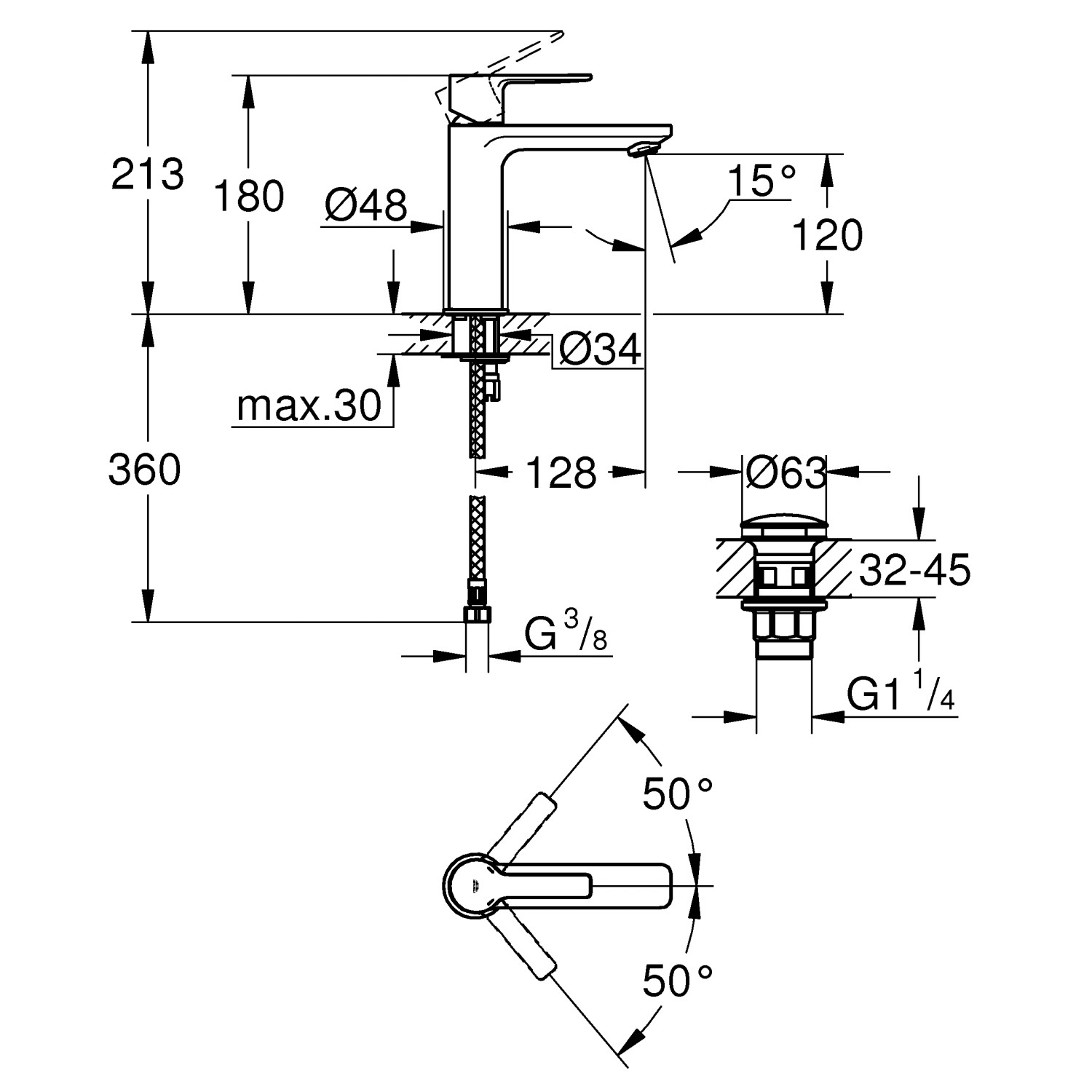 Technische Zeichnung: Grohe Lineare S-Size Waschtischarmatur in Chrom mit Maßangaben.