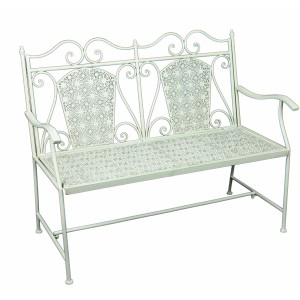 Weiße Metall Gartenbank Lascar mit Zierornamenten, 95x120x48 cm.