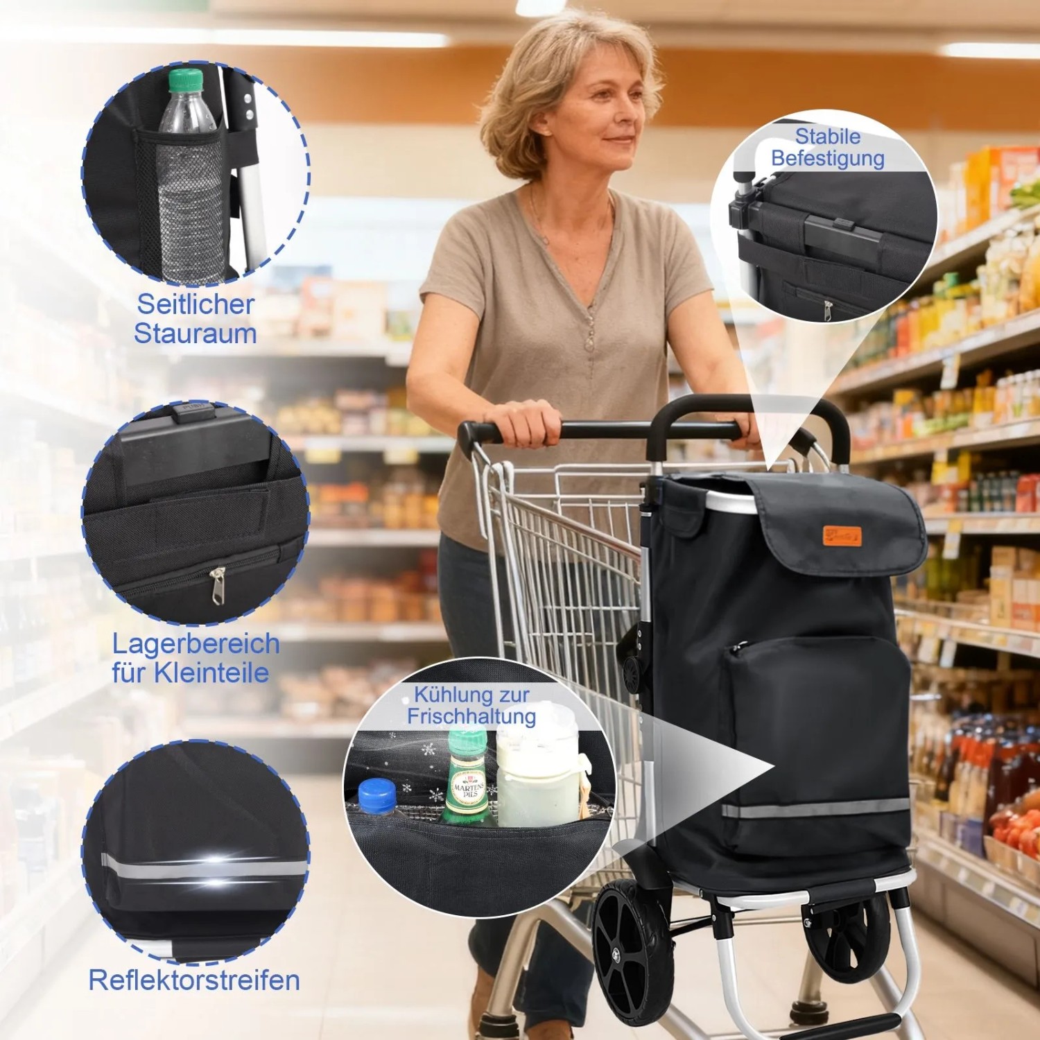 Sekey 3-in-1 Einkaufstrolley schwarz mit Kühlfach und Spanngurt im Einsatz im Supermarkt.