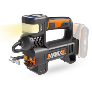 Worx Akku-Kompressor WX092.9 20 V mit LED-Lampe und digitaler Druckanzeige.