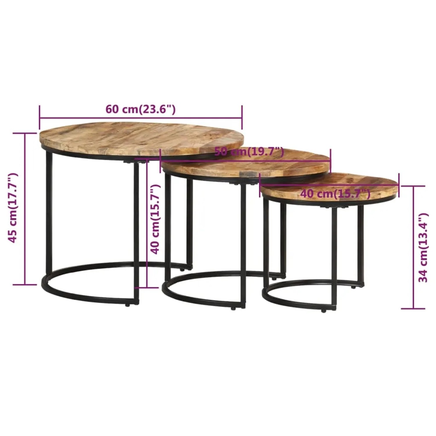 Drei runde Beistelltische aus hellem Mangoholz mit schwarzem Metallgestell, ineinander stapelbar. Ideal für Wohnzimmer.