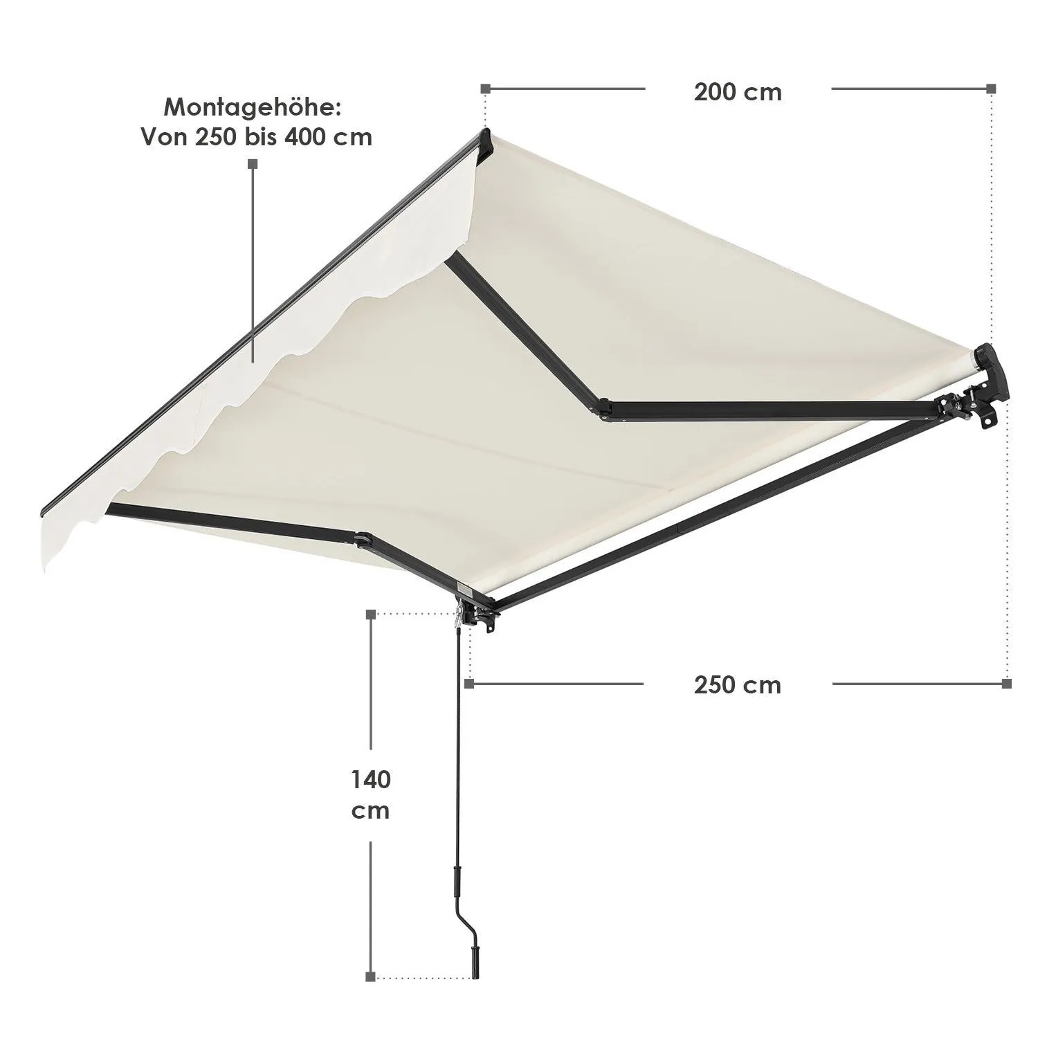 Beige Gelenkarmmarkise 250x200 cm mit schwarzem Gestell und Kurbel, ausgefahren. Sonnenschutz für Balkon und Terrasse.