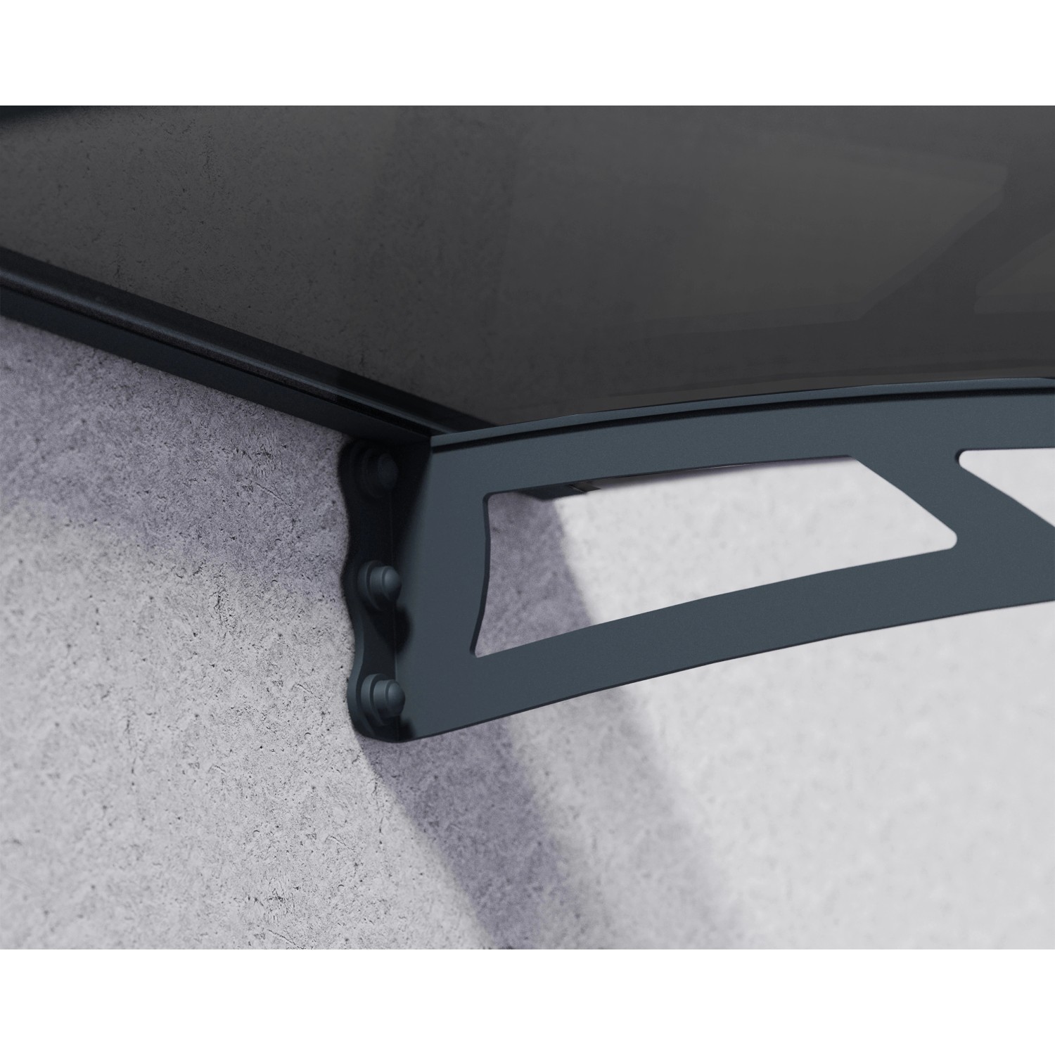 Graues Palram Canopia Vordach Aquila, Detailansicht der Wandbefestigung.