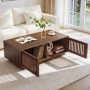 Walnussfarbener Couchtisch 100x50x35cm mit offenen Gittertüren und Stauraum für Bücher im Wohnzimmer.