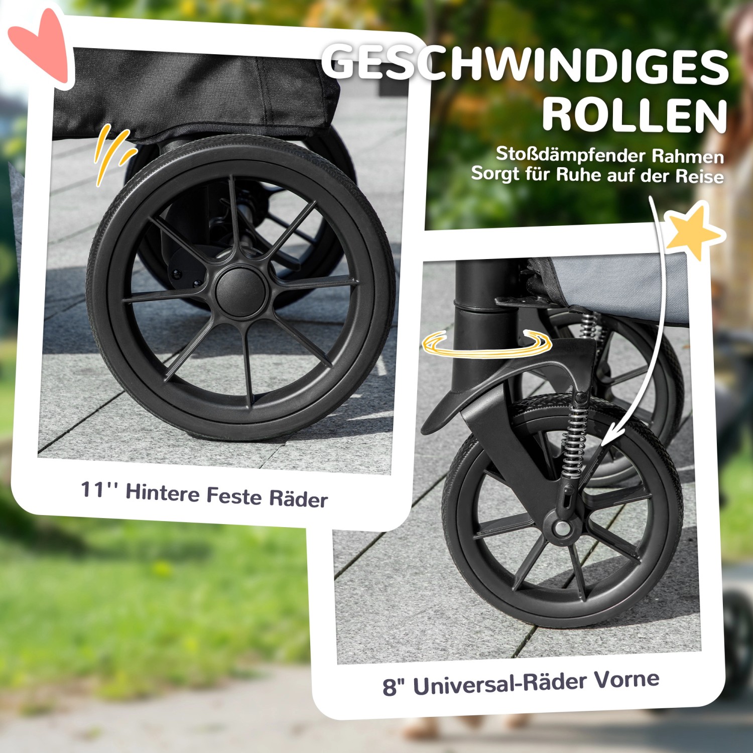 Detailansicht der Räder des PawHut Hundewagens: Hinterräder (11") und Vorderräder (8")