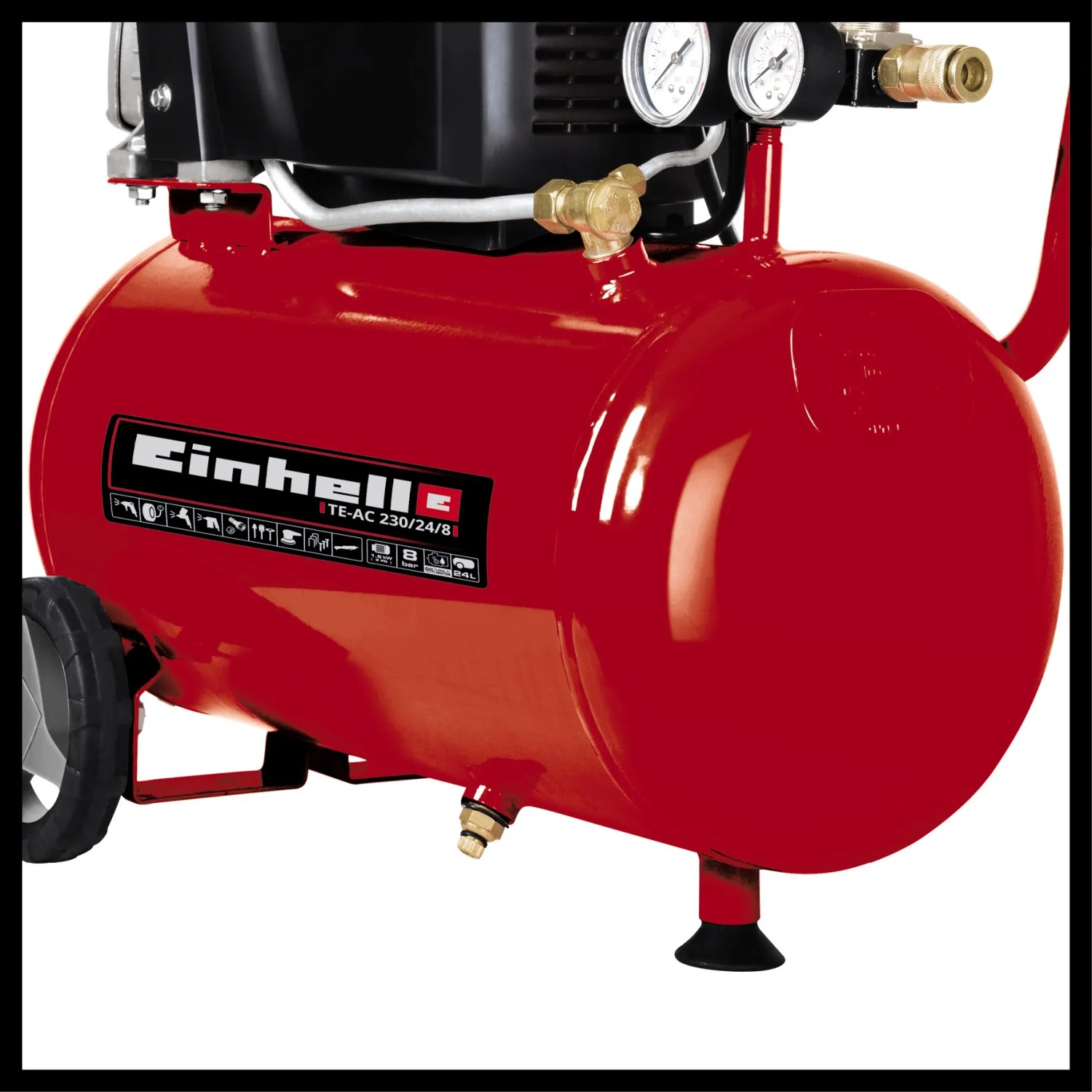 Roter Einhell Kompressor TE-AC 230/24 mit 24 l Tank und Manometer.
