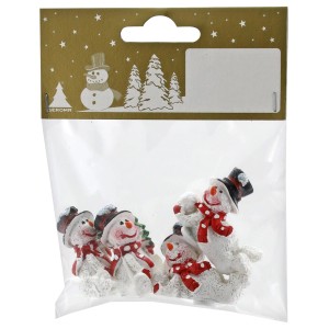 Schneemänner aus Polyresin mit Ornamenten, 3,5 cm, Weihnachtsdekoration.