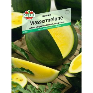 Sperli Wassermelone Janosik: Sämerei mit gelbem Fruchtfleisch und grüner Schale.