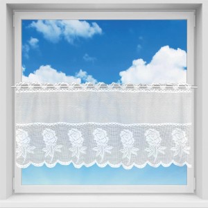 Weiße Bistrogardine Lynn mit Rosenstickerei, Fenstervorhang mit Stangendurchzug.