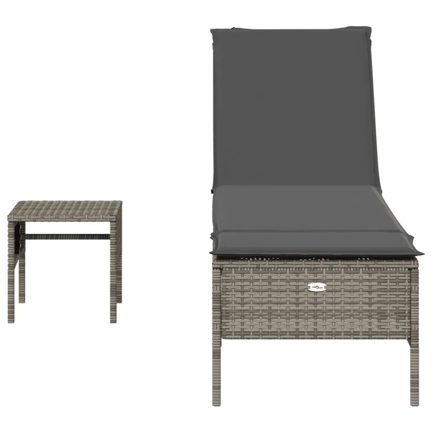 Graue vidaXL Sonnenliege mit Tisch und Auflage aus Poly Rattan für den Garten.