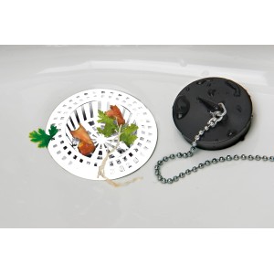 Wenko Abflusssieb 4er Set, weiß, aus Kunststoff. Sieb mit Speiseresten und Abflussstöpsel mit Kette im Waschbecken.