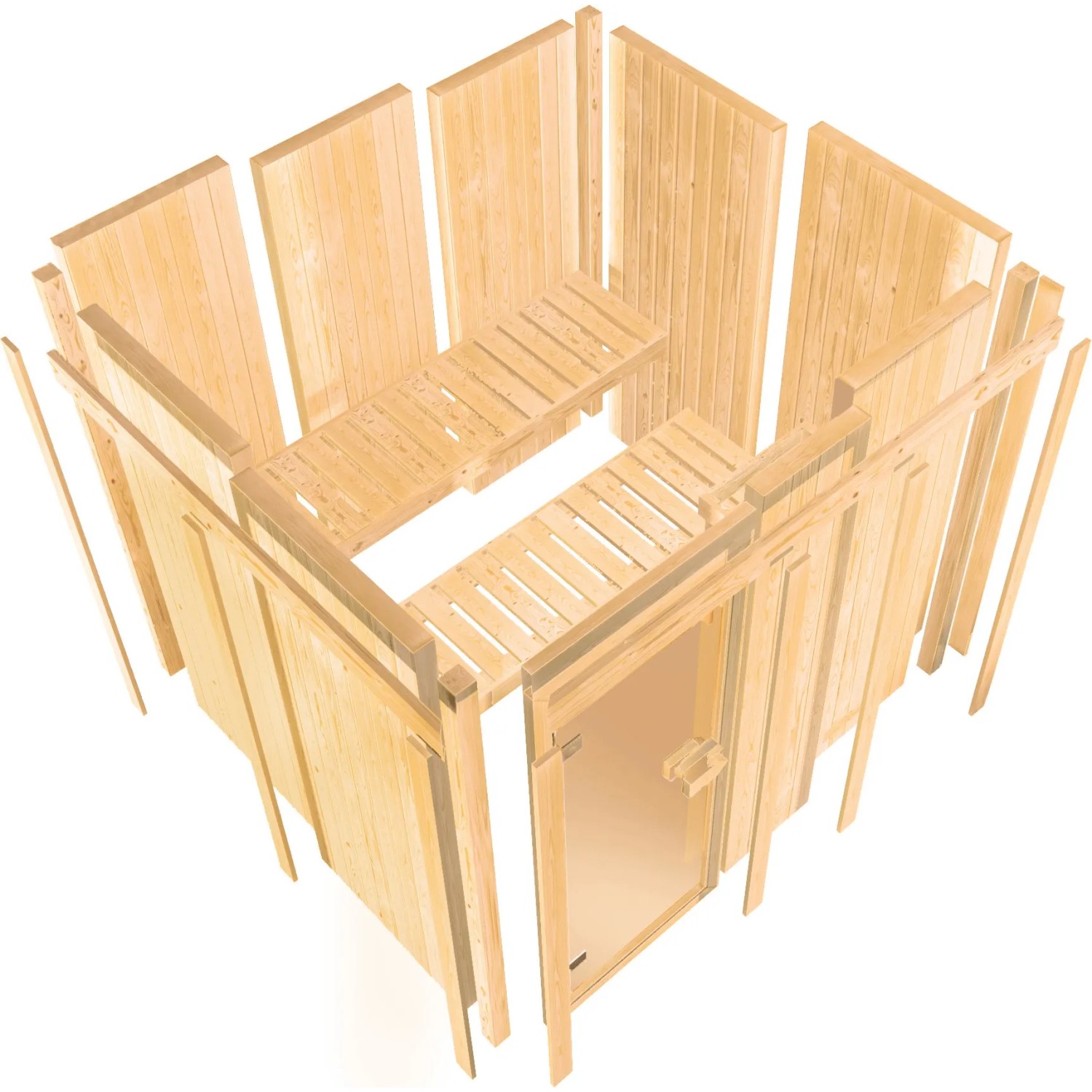Woodfeeling Sauna Tromsö im Aufbau: Massivholz, 9 kW Ofen, bronzierte Glastür, Saunabänke.