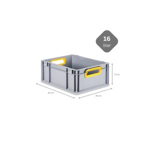 Graue PROREGAL Eurobox mit gelben Griffen, Scharnierdeckel und den Maßen 30x40x17 cm. Ideal zur Aufbewahrung.