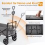 Sekey Bollerwagen grau mit Dach: Verstellbarer Griff, Sitzpolster und 3-Punkt-Gurte für Kinder.