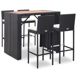 vidaXL Garten-Bar-Set, 5-teilig, schwarzes Rattan, Akazienholz-Tischplatte, mit 4 Barstühlen und cremefarbenen Kissen.