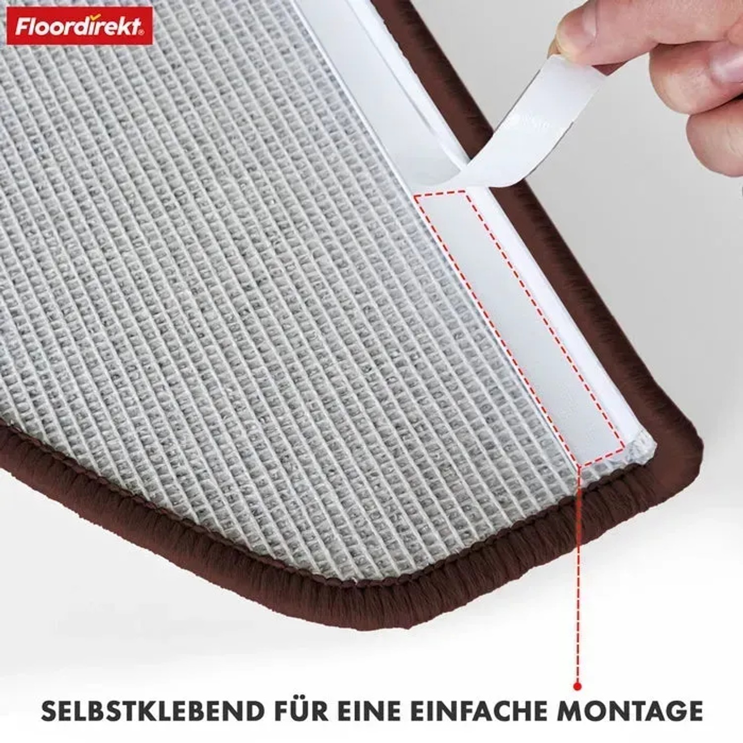 Detailaufnahme: Braune KARAT Stufenmatte London Pro mit Klebestreifen für einfache Montage.